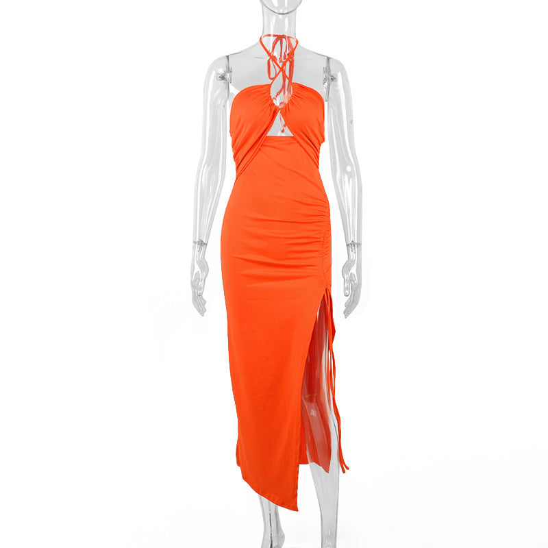 Sexy Halter neck Lace-up Split Dress Summer Y2K Fashion Party Beachy Long Dresses For Women's Clothing